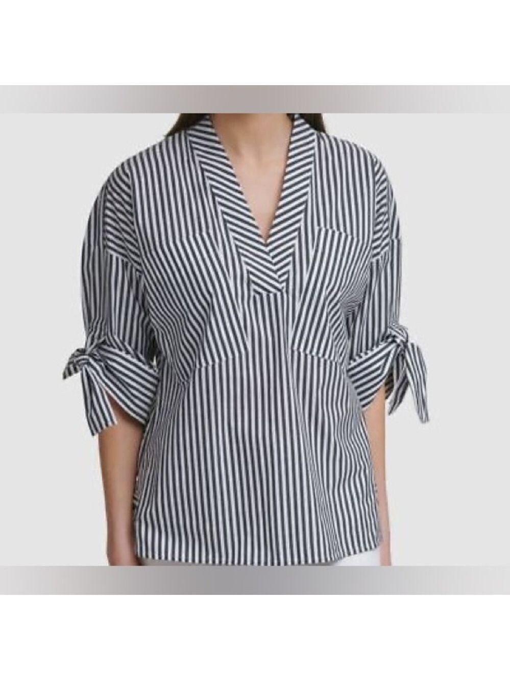 Calvin Klein grey & white stripe top -sizexl - cute pocket details & tie sleeves
